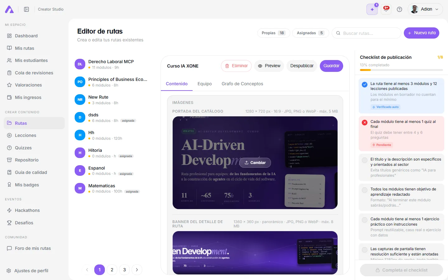 Panel del checklist de publicación con puntos pendientes en rojo