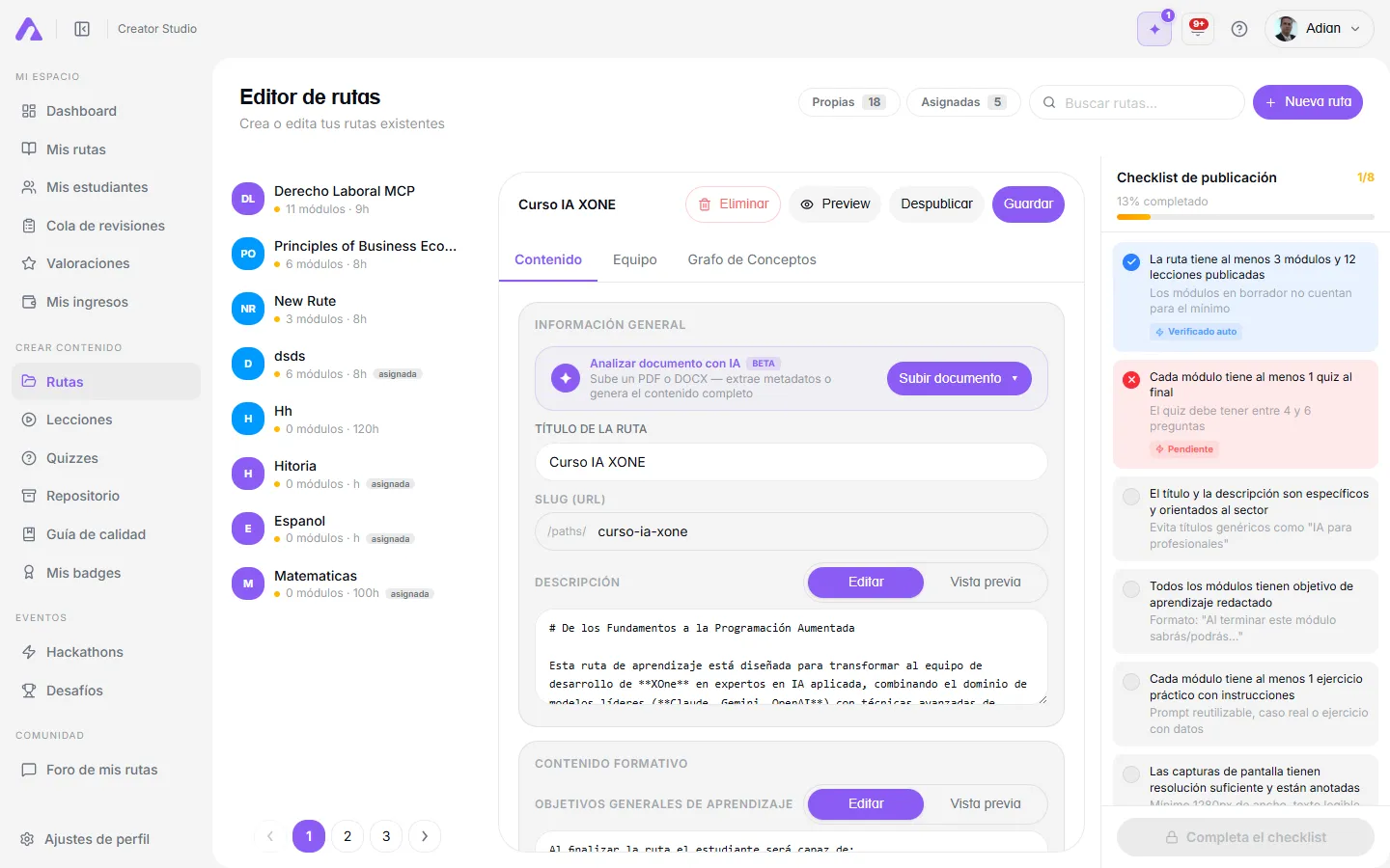 Sección de información general y contenido formativo