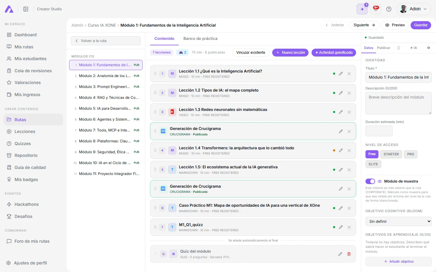 Pestaña Datos del editor de un módulo