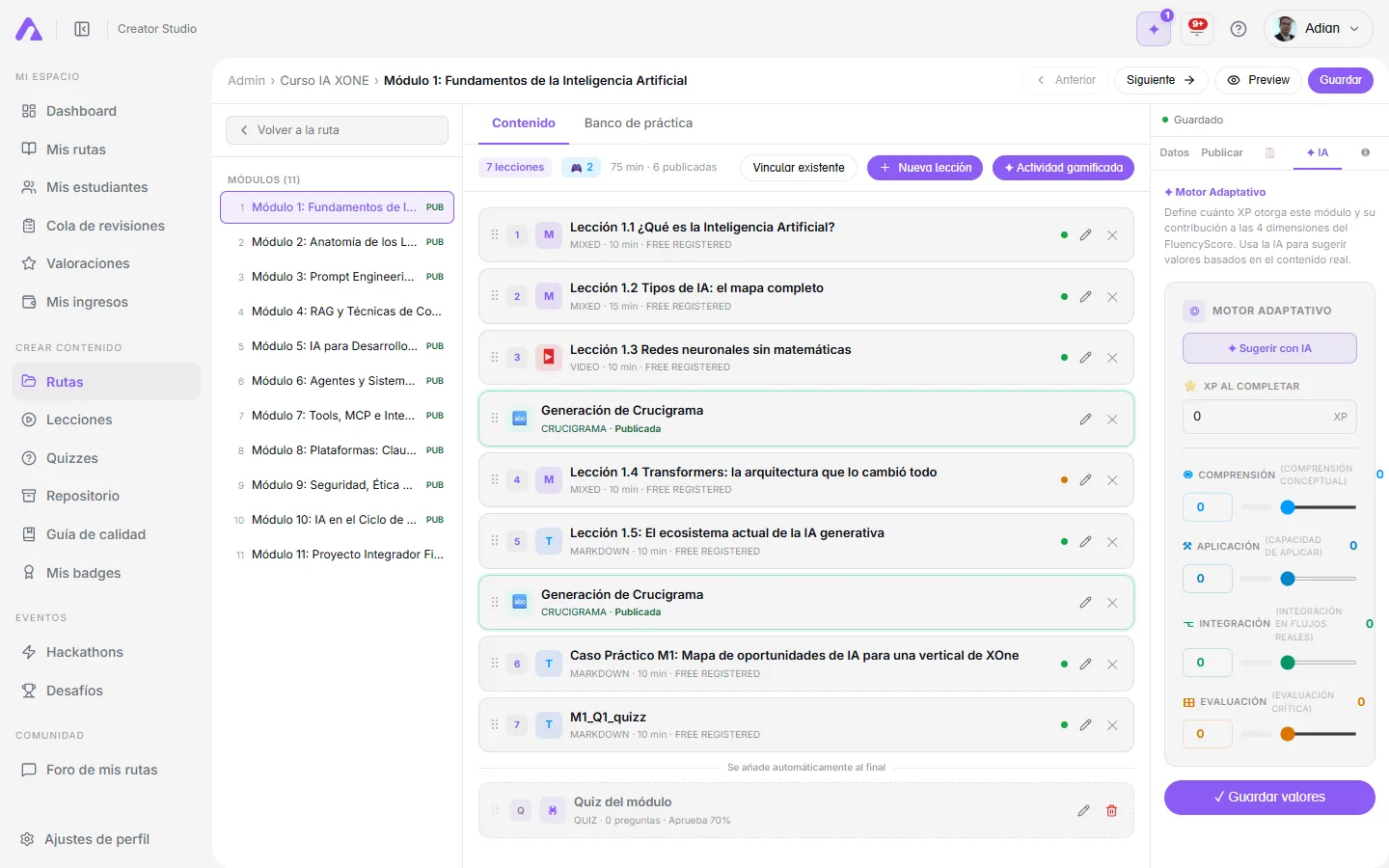 Panel del Motor Adaptativo con las 4 dimensiones del FluencyScore