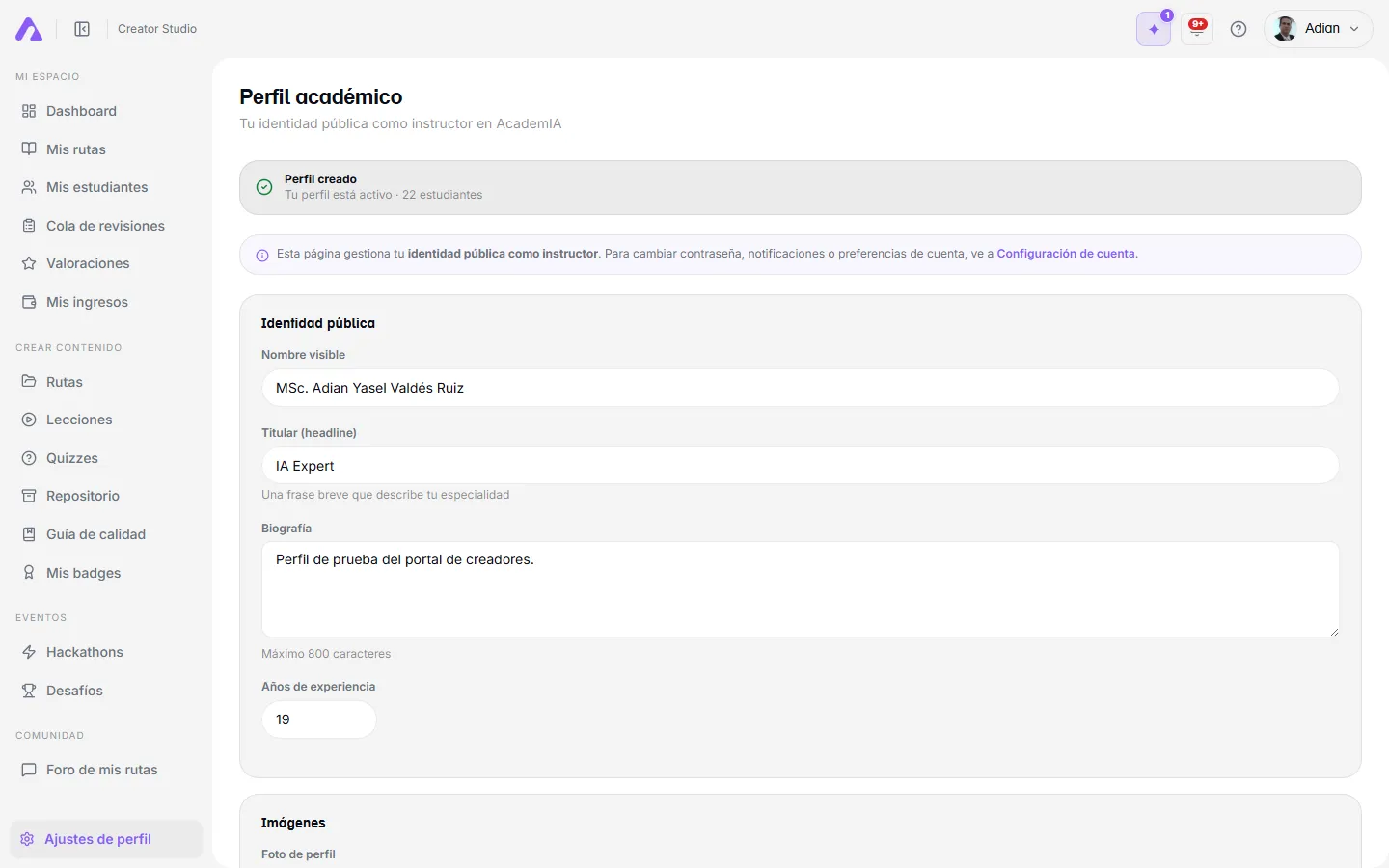 Formulario del perfil del creador con avatar, bio y especialidades