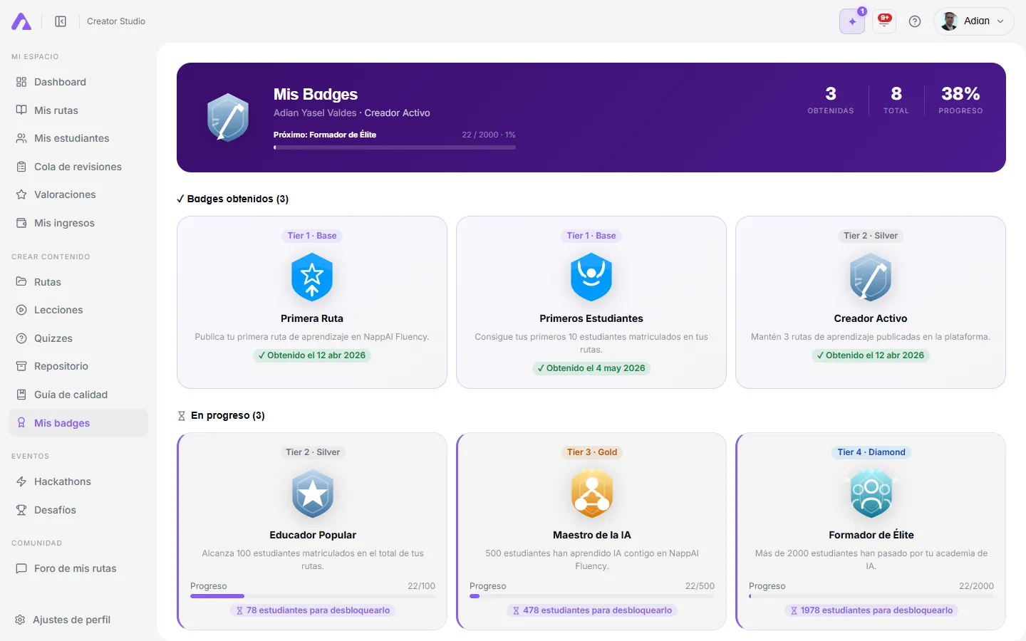 Panel de insignias con progreso por criterios y niveles por categoría