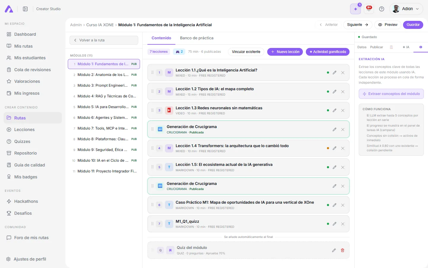 Editor del quiz de práctica con preguntas ordenables y panel de generación IA
